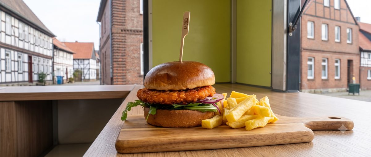 Frisch zubereiteter Burger mit Pommes auf einem Holzbrett